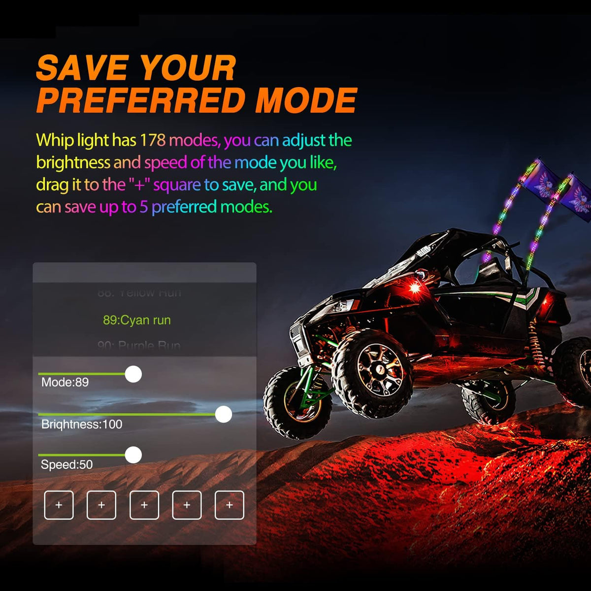 Nilight 2PCS 4FT RGB LED Whip Light with Spring Base Remote App Control w/DIY Chasing Patterns Turn Signal & Brake Lights for ATV UTV Polaris RZR Can-am Dune Buggy Jeep