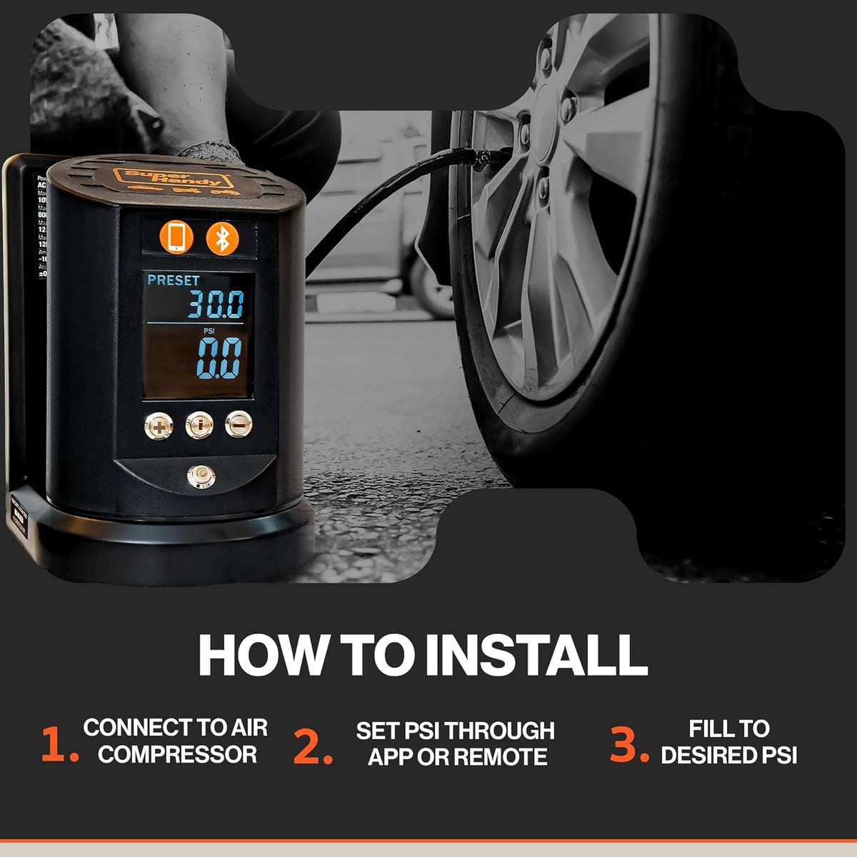 SuperHandy Automatic Tire Pressure Gauge - Wall Mountable, App/Bluetooth Control, High-Accuracy Digital Gauge, 25FT Air Hose, Ideal for Cars, Trucks, ATVs, and More