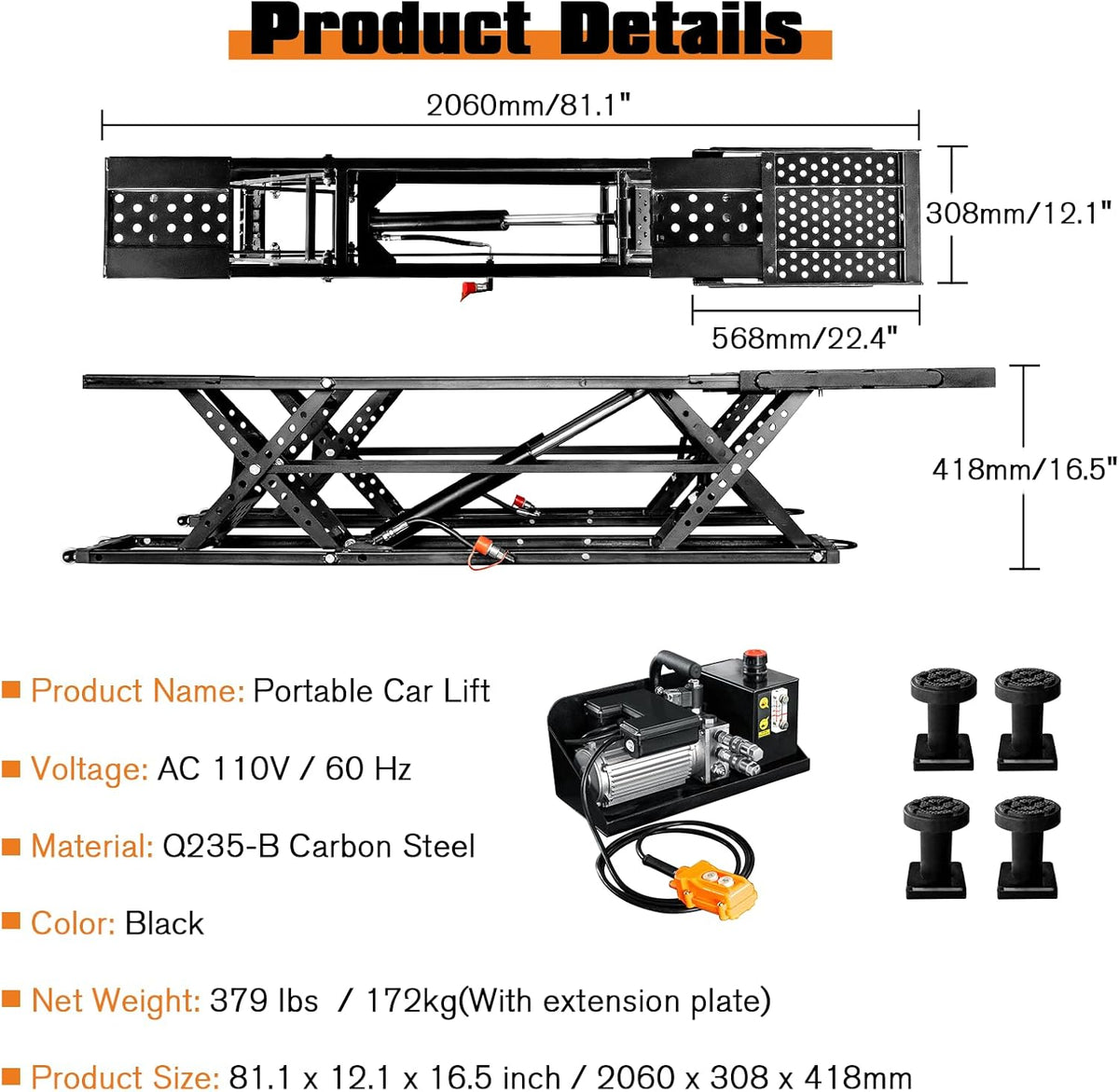 Albott 5000 LBS Portable Car Lift, Adjustable Quick Jack with 26" Max Height, Locking Levers, Foldable Design & Wheels, Scissor Lift for Sedans in Garage or Shop, Black