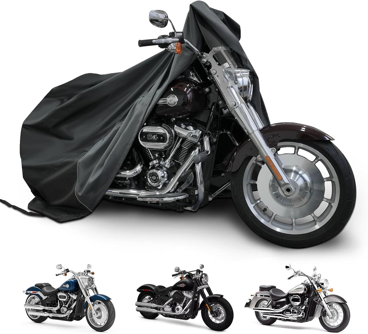 Motorcycle Cover for Cruiser Models Harley Davidson Iron 883, Fat Boy, Softail Slim, Softail Standard, Street Bob 114, Sport Glide, and Most Motorcycles - Waterproof Motorcycle Cover Outdoor Storage