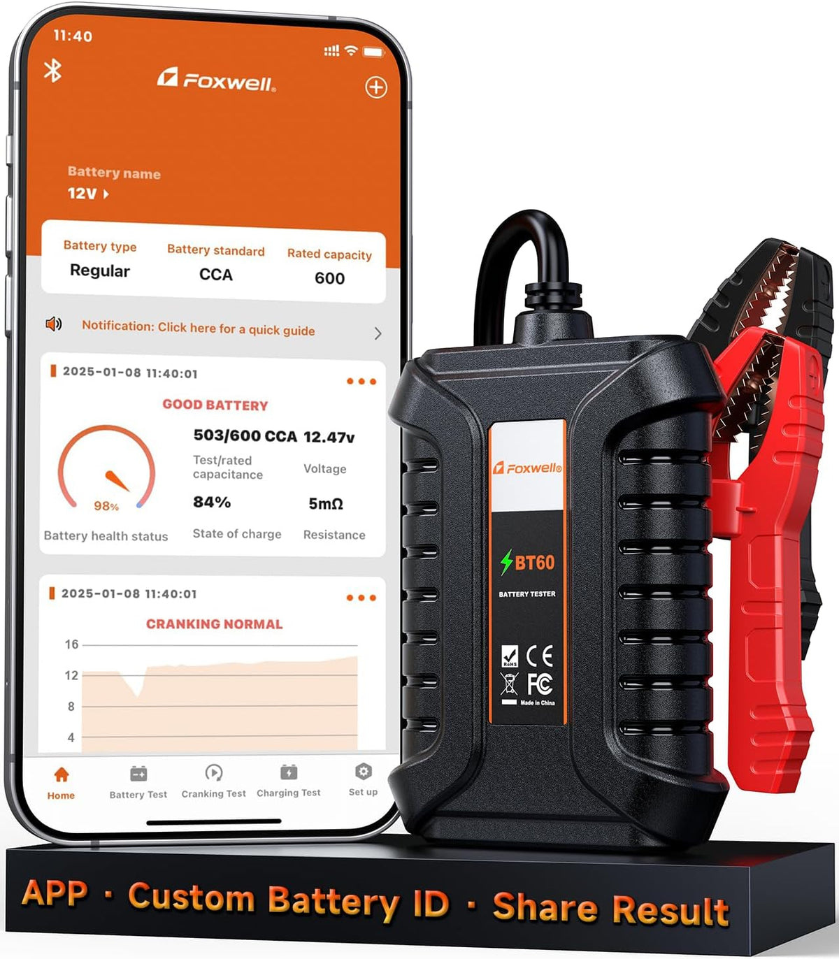 FOXWELL BT60 Car Battery Tester, 12V Bluetooth Battery Load Analyzer via App, 100-2000CCA Automotive Alternator Tester, Cranking Charging System Checker for Car Marine RV Motorcycle Truck ATV