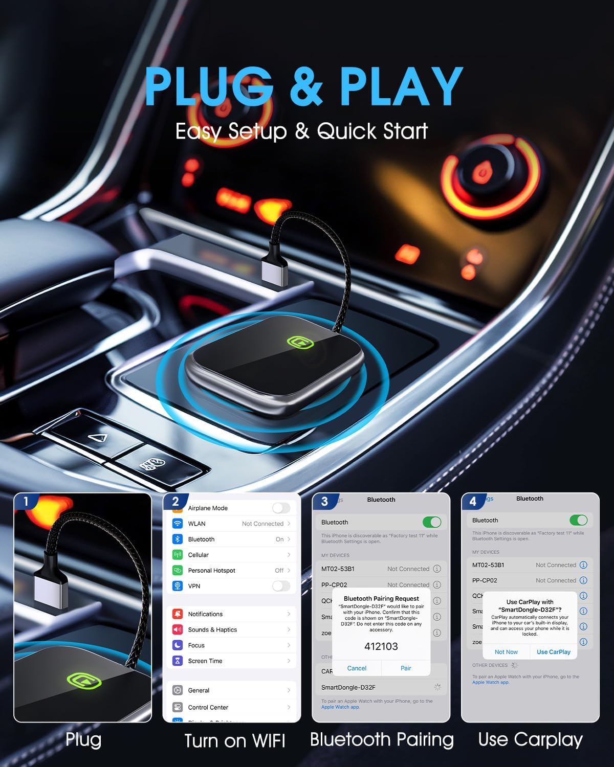 Wireless CarPlay Adapter - Fast & Stable Connection for Carplay Wireless Adapter Convert Factory Wired to Wireless CarPlay Dongle Plug & Play Car Play Fit for iPhone iOS 10+ (Dark Grey)