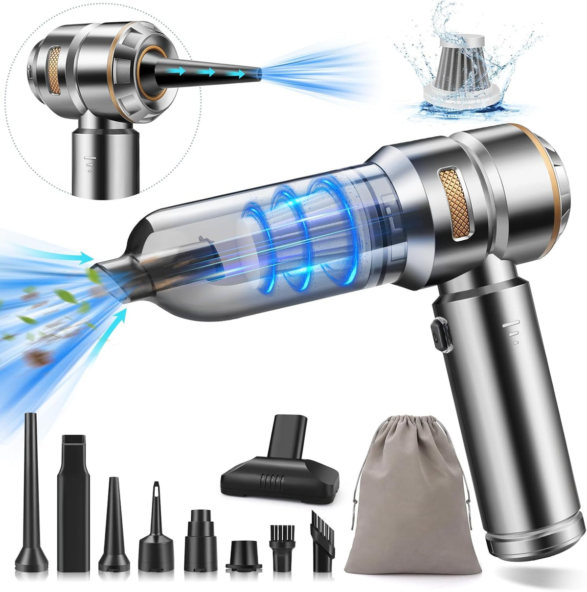 Mini Car Vacuum Cleaner,20000PA 4-in-1 Cordless Handheld Vacuum Cleaner with 6000mAh Battery Brushless Motor Hand Held Vacuum Air Duster & Air Blower & Pump for Car,Office and Home Cleaning