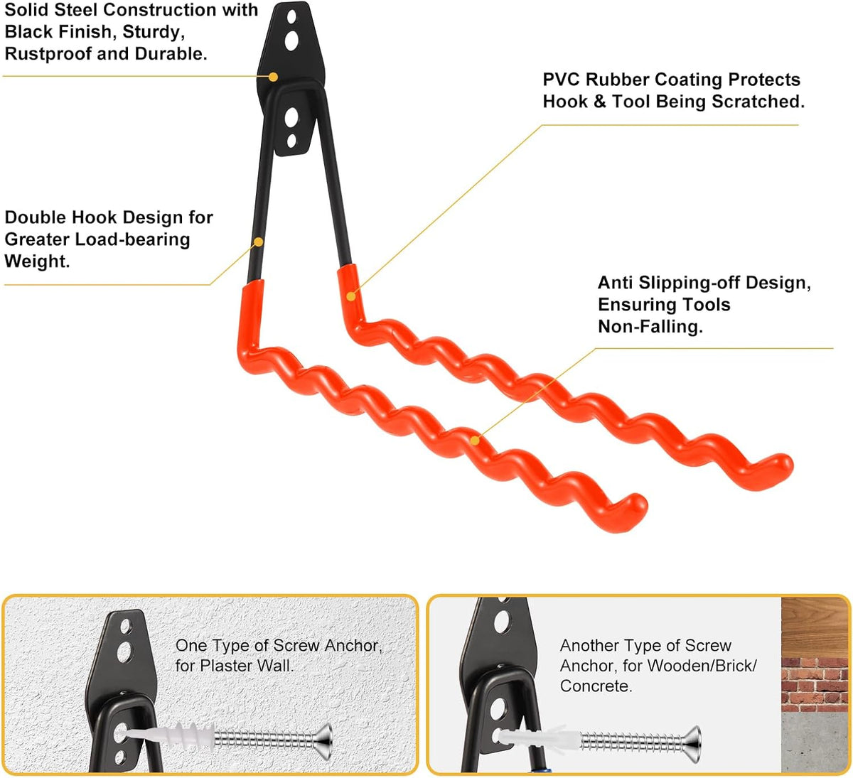 Wall Mounted Garage Hooks Tool Organizer, 14 Inch Garage Storage Hook Heavy Duty Utility Wall Hangers Orange for Ladders, Hose, Garden Tools, Set of 4