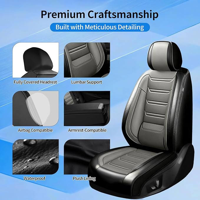 Fit CX-5 Car Seat Covers for Select Mazda CX5 2013-2024 2025 2026 - Premium Full Coverage Leather, Airbag Compatible, Waterproof & All Weather Seat Protector, Front Pair Black+Gray