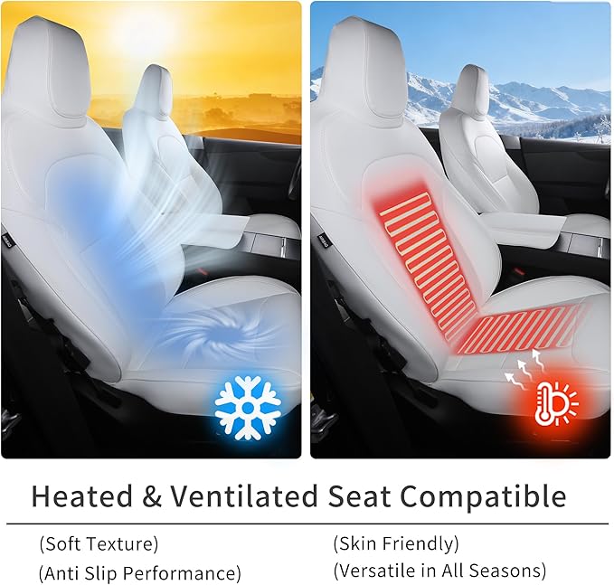 Custom Fit Seat Covers for 2025 2026 Tesla Model Y Juniper (5-Seater) - Ventilated Seats & Rear Screen Compatible - Nappa Leather Full Set Car Seat Protectors (White, Model Y 2025)