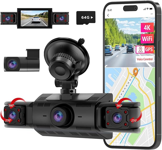 CATCATCH 4 Channel Dash Cam 360° View,4K Front and Rear Dash Camera for Cars,WDR Night Vision,Smart Voice Control,Built-in WiFi&GPS,G-Sensor,24H Parking Mode,Free 64GB SD Card,Suction Cup