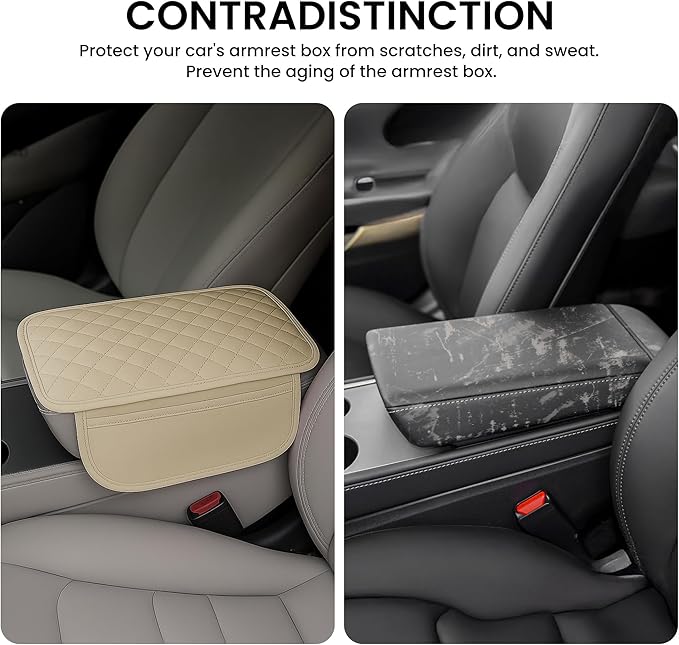 Upgraded Car Middle Center Console Cover,Microfiber Leather Car Armrest Cover Cushion with 2 Storage Bags,Universal Car Armrest Storage Box Car Interior Accessories for Most Vehicles (Beige)