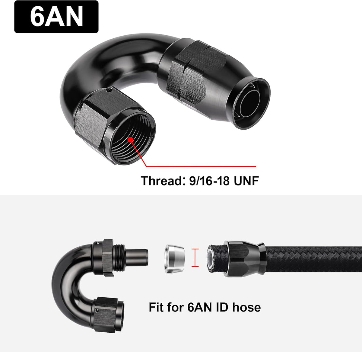 EVIL ENERGY 6AN 180 Degree PTFE One Piece Full Flow End Hose Fitting Aluminum Black