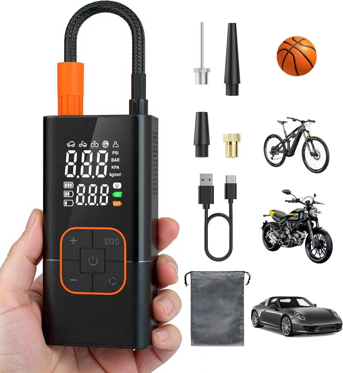 Tire Inflator Portable Air Compressor, 150PSI Bike Pump with Tire Pressure Gauge, LED Lights & Car Accessories, Cordless Air Pump for Car Tires, Bike, Motorcycle, Ball(Tangerine)
