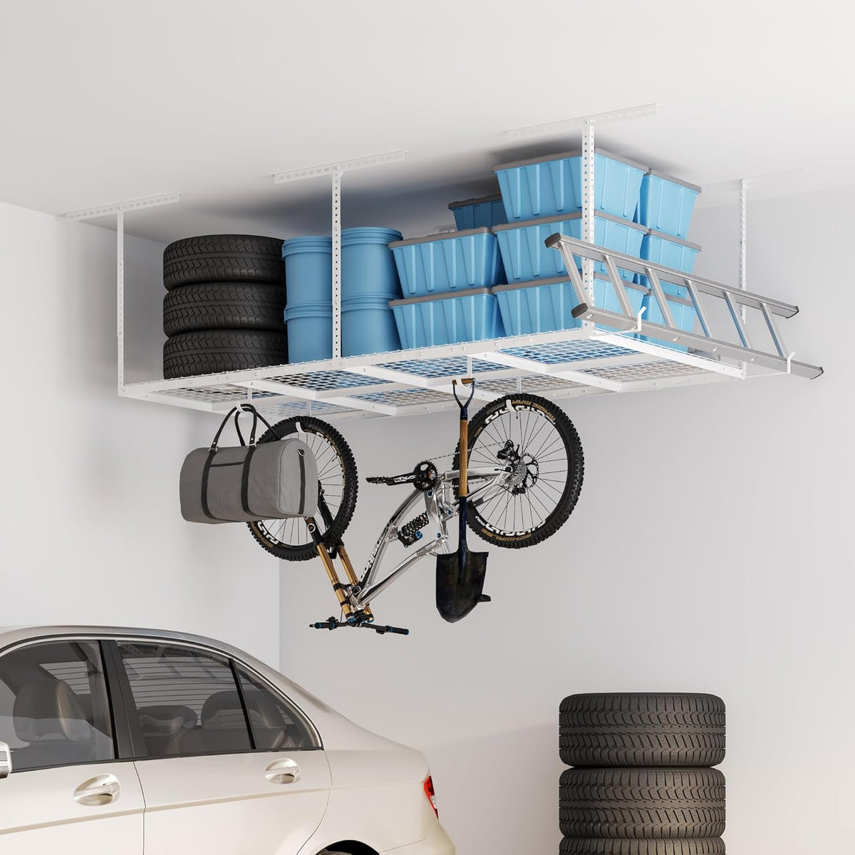 FLEXIMOUNTS 4x8 Overhead Garage Storage Rack w/Hooks Adjustable Ceiling Storage Racks, 96" Length x 48" Width x 40" Height, 22''-40" Ceiling Dropdown, White