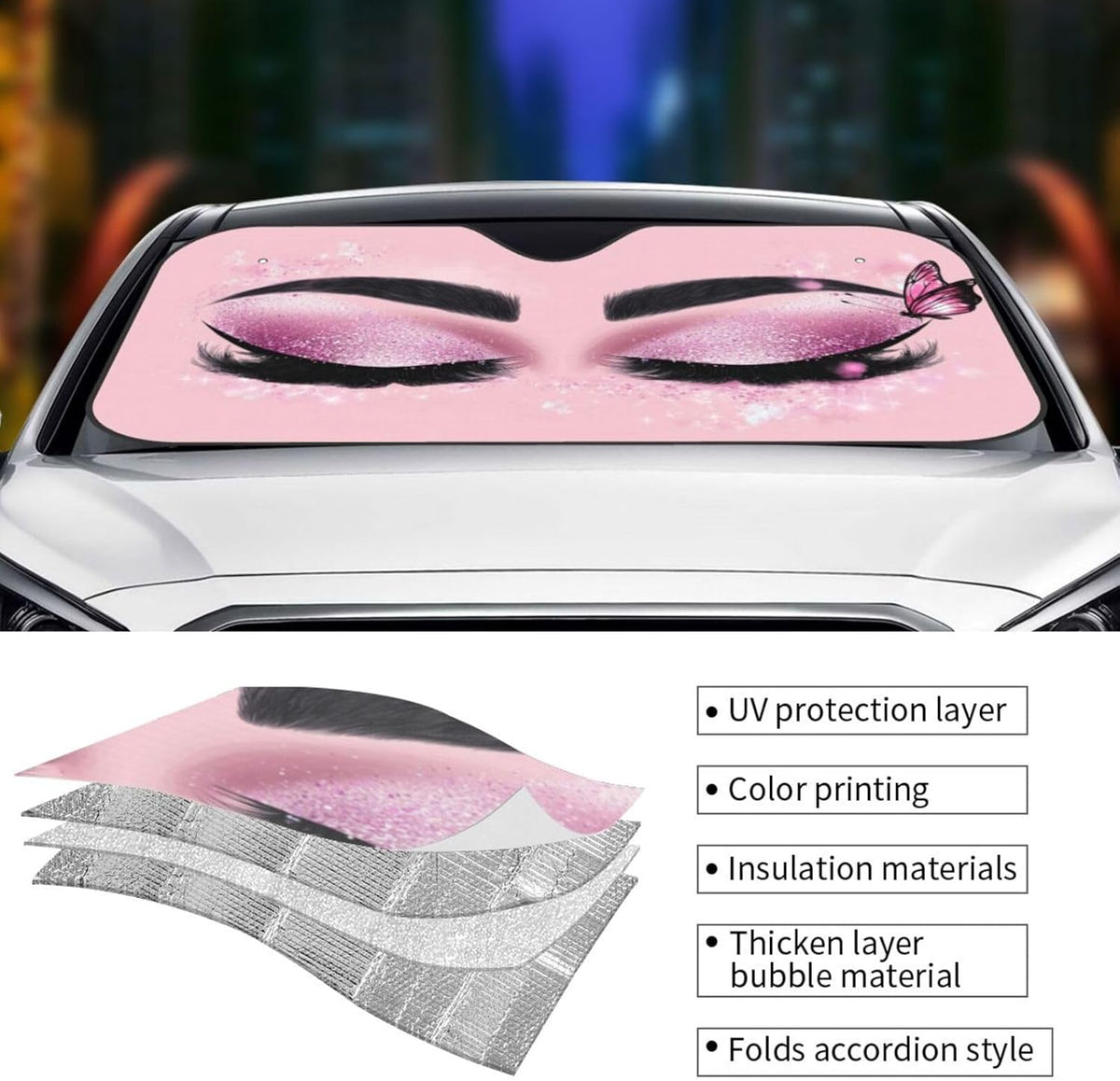 Hello Eyelashes Car Sun Shade Windshield Sunshade Foldable Front Window Shield Cover for Truck SUV
