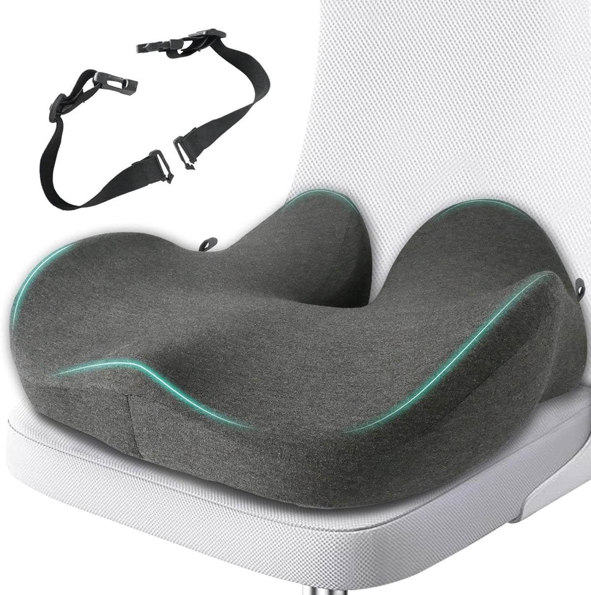 Office Chair Cushion - High Support Thickened Car Seat Cushion with Strap for Hip, Sciatica,and Tailbone Pain Relief - Ideal for Heavy People, Memory Foam Seat Cushion for Car, Truck, Home