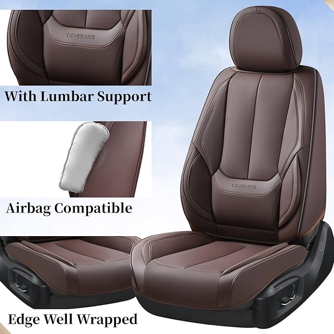 Coverado Car Seat Covers Full Set, Seat Covers for Cars, Car Seat Covers Front Seats and Back, Brown Car Seat Protector Waterproof, Nappa Leather Car Seat Cushion Fit for Most Cars