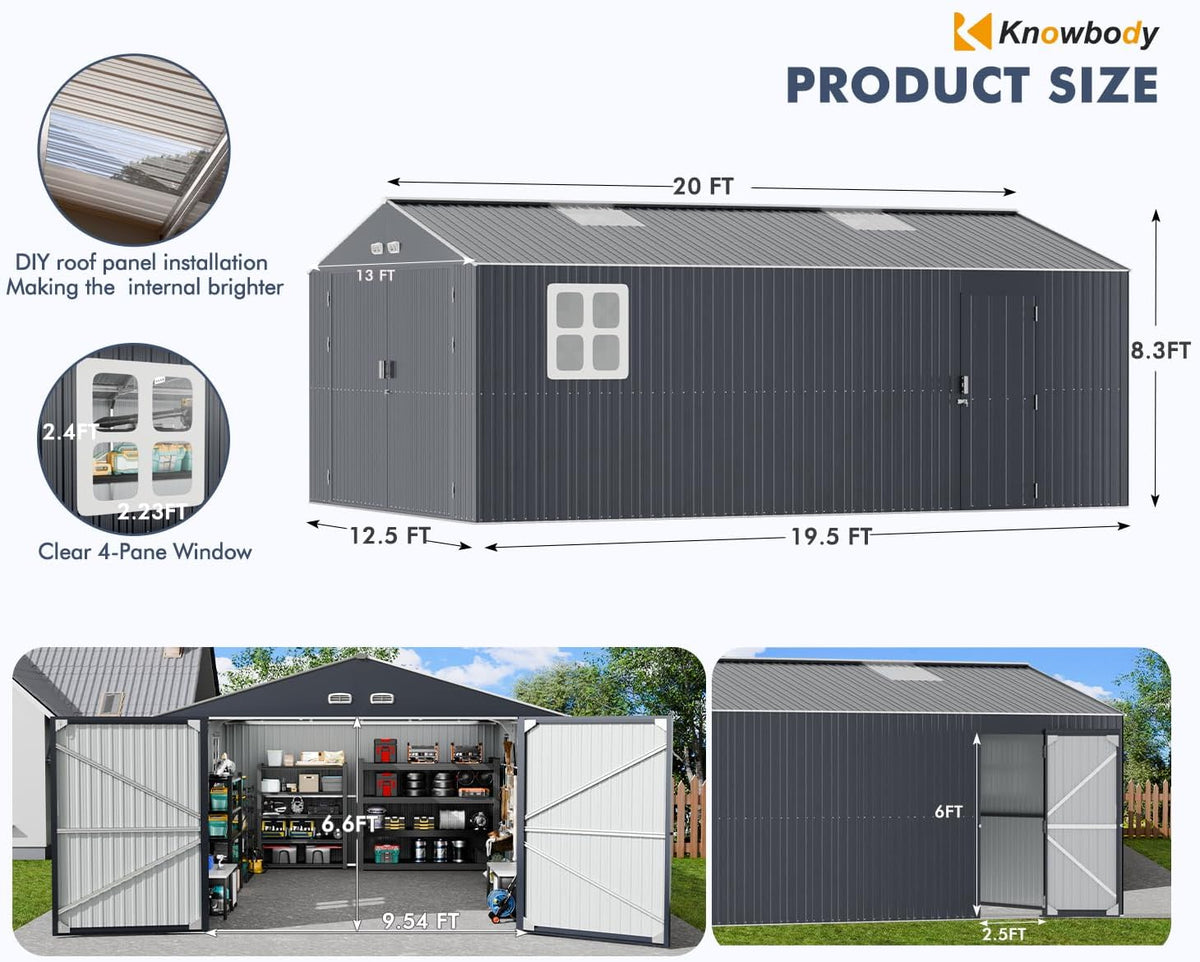 Metal Garage Shed 13x20x8.5', Large Outdoor Storage Building, Ultra-Reinforced Truss System, Weatherproof with Skylights & Dual-Entry, Steel Carport and Workshop for Car,Boat,Big Tool Organization