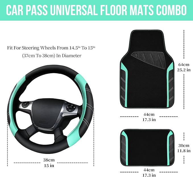 CAR PASS Leather Steering Wheel Cover and Waterproof Car Floor Mats,Microfiber Universal Car Combo Fit for 95% Sedan,SUV,Cars,14.5-15inch Sporty Anti-Slip Safety Comfortable Design(Black&Mint)