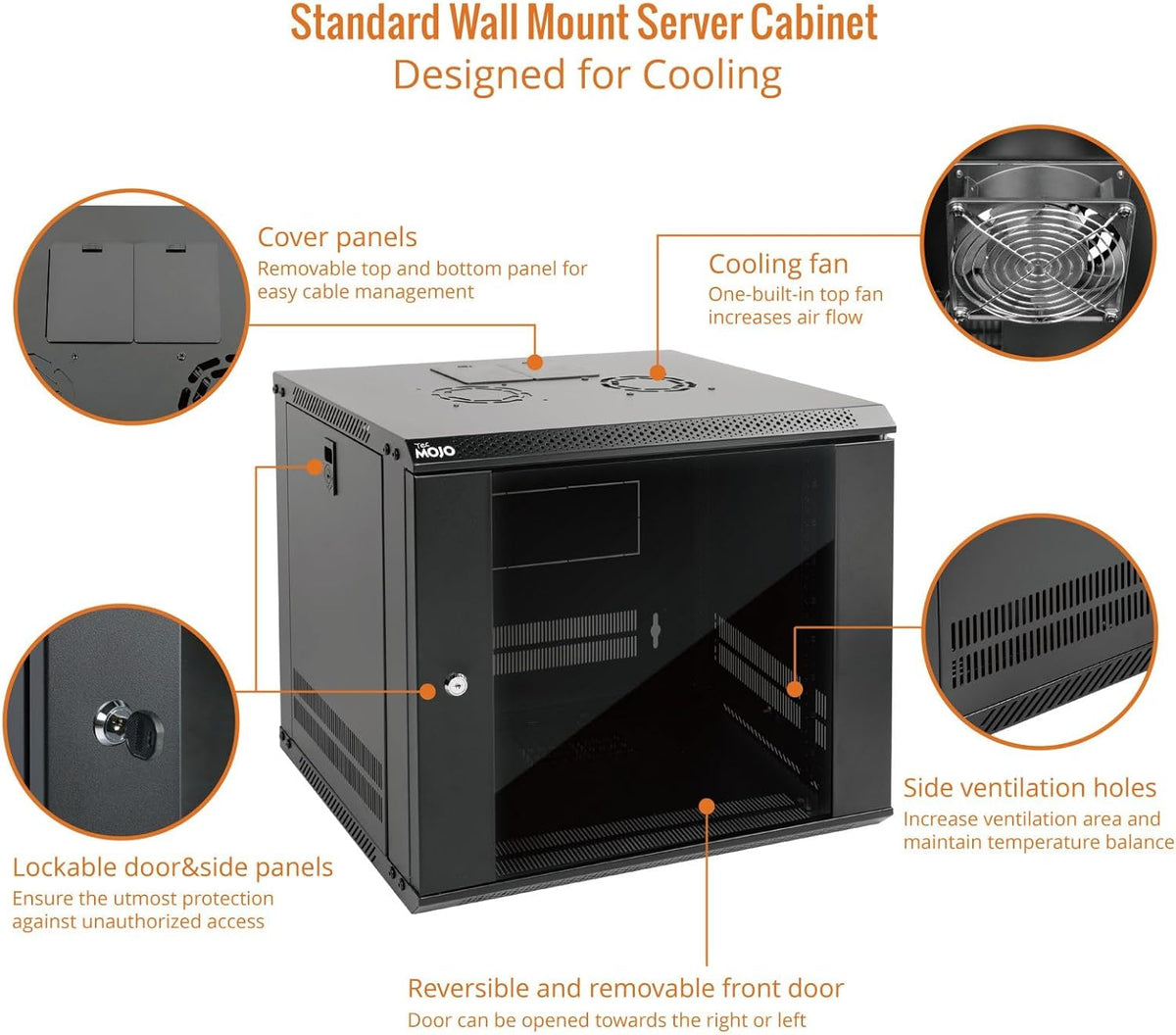 Tecmojo 9U Wall Mount Server Cabinet IT Network Rack Enclosure Lockable Door and Side Panels Black,Cooling Fan, Glass Door, 17.7inch Depth,for 19” IT Equipment, A/V Devices