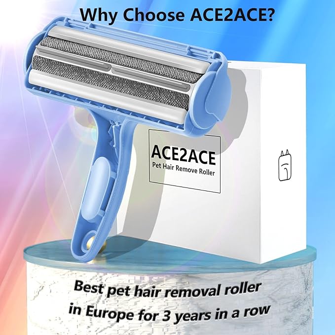ACE2ACE Pet Hair Removal Tool, Lint Roller Brush for Cats and Dogs, Reusable Self Clean Pet Fur Remover, Pet Hair Remover for Laundry, Carpet, Furniture, Couch, Sofa and Bedding (Blue)