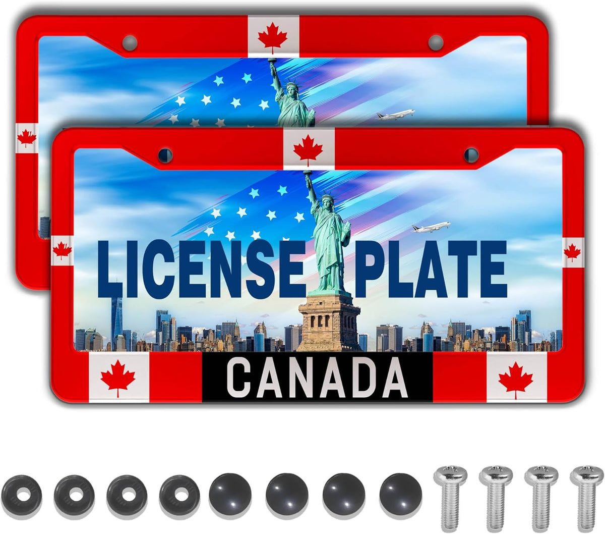 License Plate Covers Red, Black, White License Plate Frames Canada Flag Universal Aluminum Car Accessory 2 Pack with Screw Covers Set