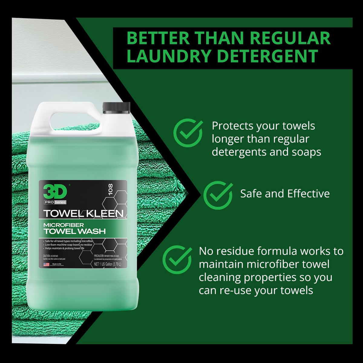3D Towel Kleen Concentrated Microfiber Towel Detergent - Deep Cleans, Restores & Maintains Car Wash Towel Life - Low Foam, No Residue Premium Laundry Soap 1 Gallon