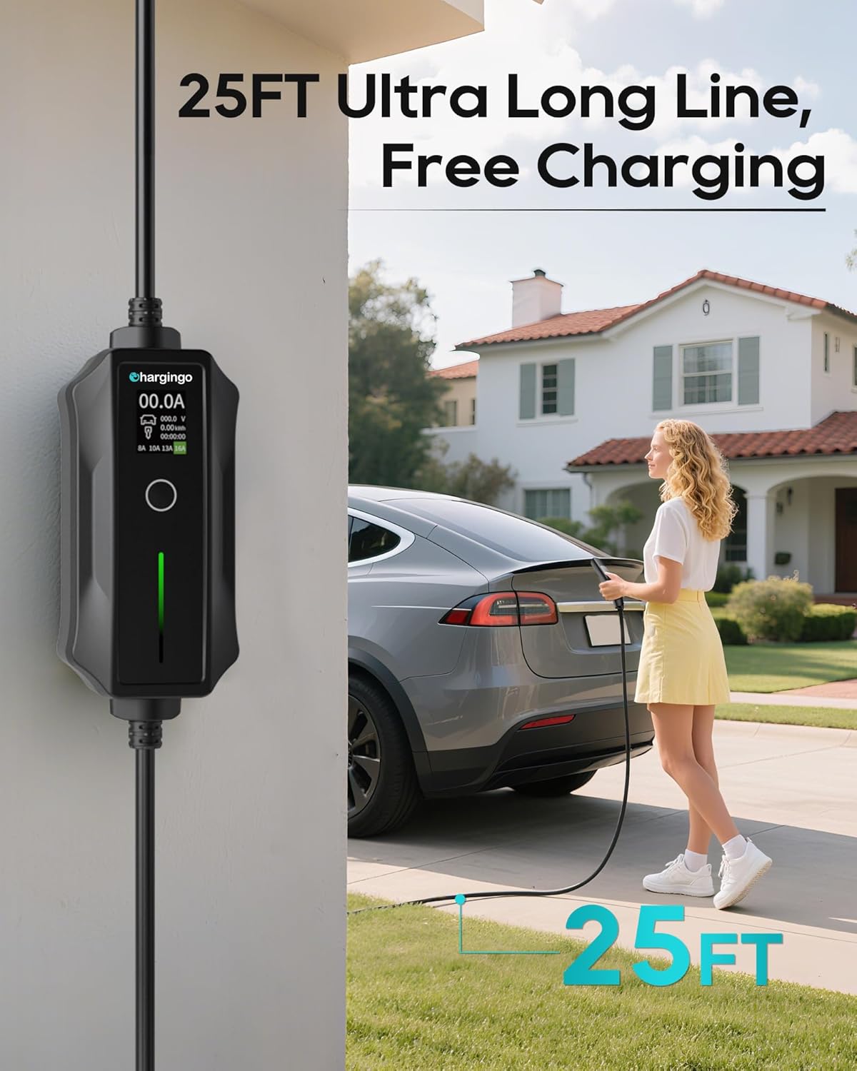 2025 Upgraded Level 1-2 Portable EV Charger,110V-240V,16Amp,NEMA 5-15 & 6-20 Plug,25 Ft EV Charging Cable, Electric Car Charger for SAE J1772 Evs/PHEVs, EV Charging Cord