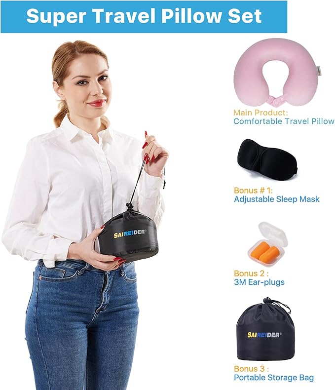 SAIREIDER Travel Neck Pillow 100% Memory Foam, Airplane Rest Prevents Head from Falling Forward, Plane Accessories with Storage Bag, Sleep Mask and Earplugs (Pink)