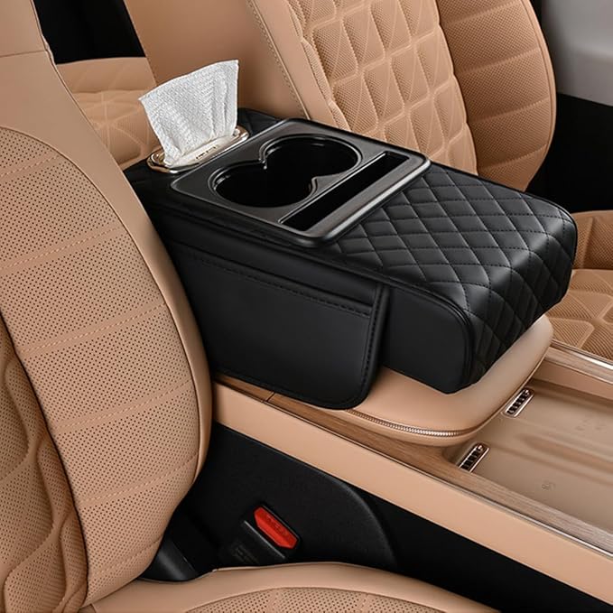 Car Armrest Cushion,5-in-1 Center Console Cover with 2 Storage Bags Cup Holder, Tissue Box Slot, Phone Slot for Sedans, Car Accessories Interior Organizers (Black)