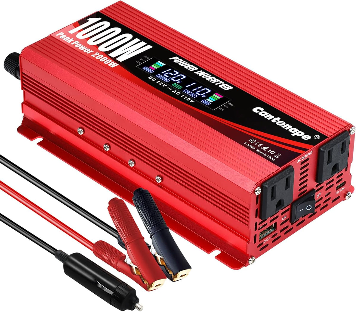 1000W/2000W(Peak) Car Power Inverter DC 12V to 110V/120V AC Converter with LCD Display Dual AC Outlets and Dual USB Car Charger for Car Home Laptop Truck Red