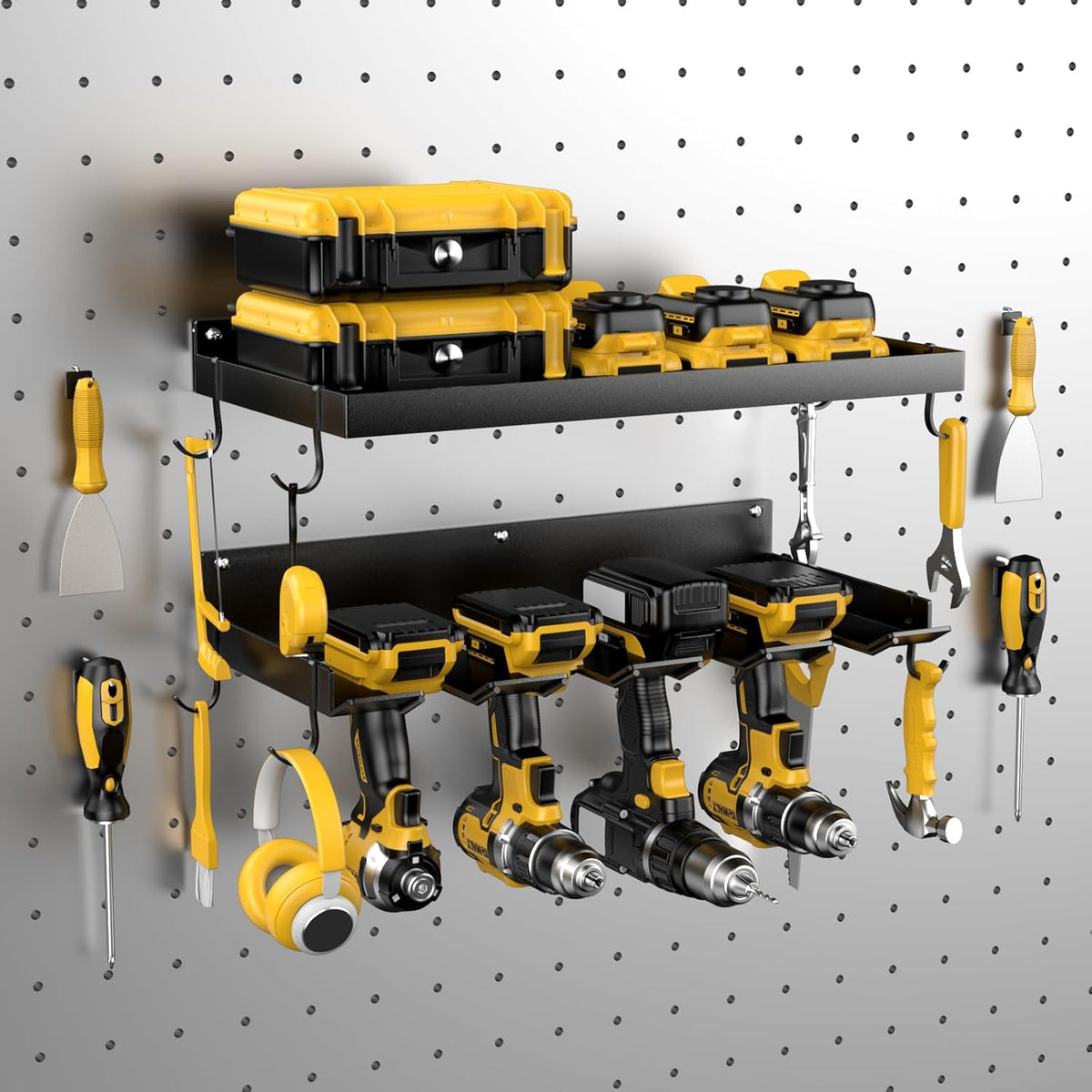 Power Tool Organizer Wall Mount with 4 Drill Holder, Formed Integrally Heavy Duty Garage Tool Organizers and Storage with Hooks for Battery, Tool Box, Screwdriver, Plier and Hammers Gifts for Men