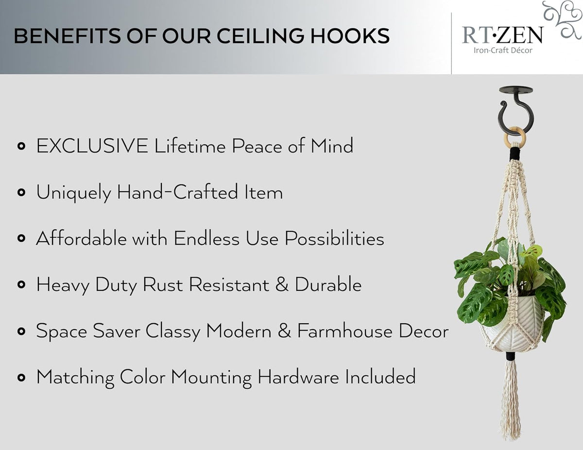 RTZEN Plant Hangers Outdoor or Indoor - Wrought Iron Metal Hanger Indoor Hook - Heavy Duty Wall Bracket Hooks for Hanging Plants Baskets Lanterns Wind Chimes - 2 Pack (Large Black Ceiling Hooks)