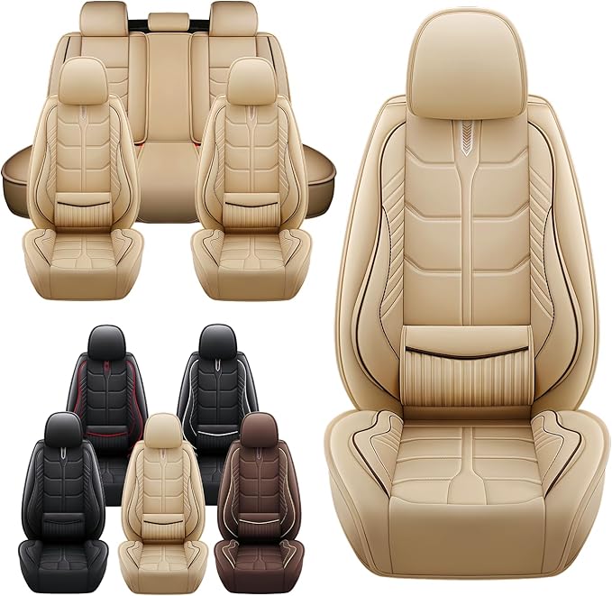 Leather Car Seat Covers Fit for Toyota Tundra 2000-2024, 5 Seater Car Seat Cover, Premium Waterproof, Scratch Resistant Car Interior Accessories (Full Set Beige)