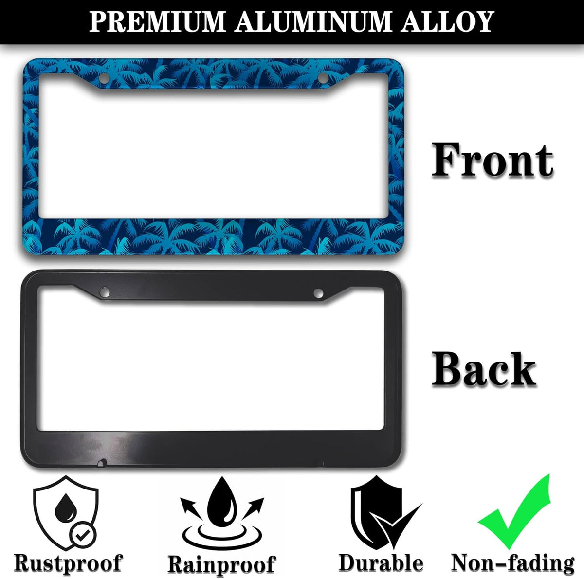 License Plate Frame Blue License Plate Frames Tropical Blue Palm Trees Aluminum Metal Car Accessory 2 Pack with Screw Covers Set