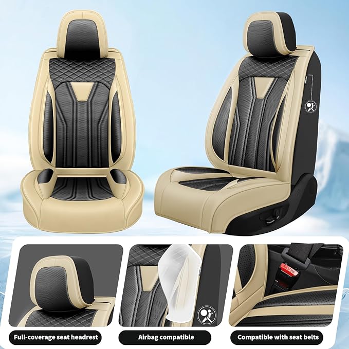 Fit Sonata Car Seat Covers Premium Leather for Hyundai Sonata 2007-2025 2026. Waterproof， Breathable, Scratch-Resistant & All-Weather Seat Cushion Protector（Front Seat,Beige&Black