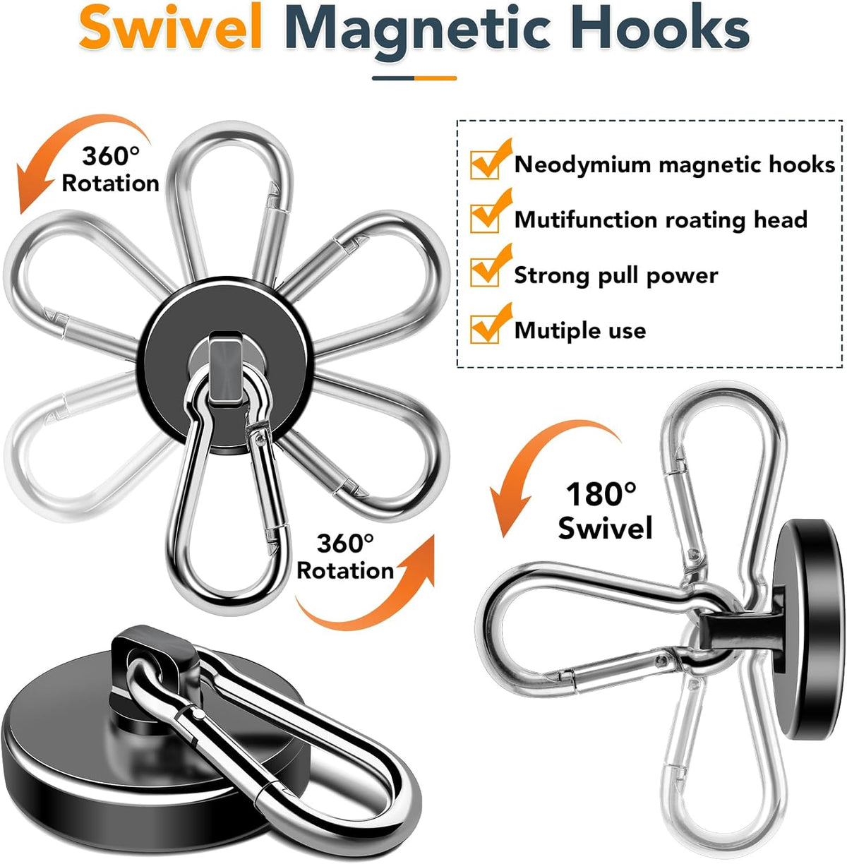 MIKEDE Strong Magnetic Hooks Heavy Duty, 200LBS+ Black Swivel Neodymium Magnets with Carabiner Hook, Hooks for Hanging, Curtain - 4 Pack