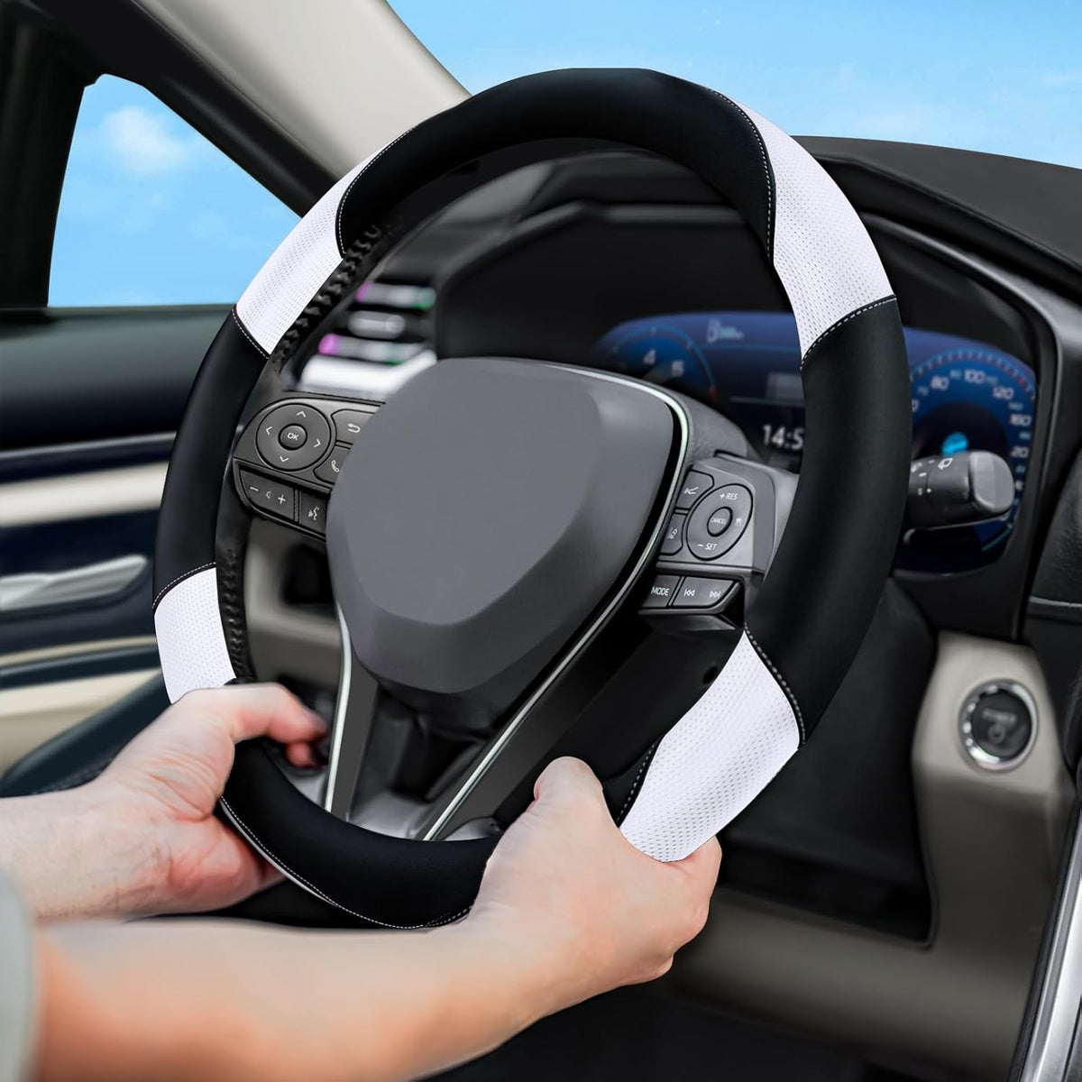 Soft Leather Steering Wheel Cover with Breathable Design and Anti-Slip Grip, Fully Compatible with Tesla, Toyota, Honda, Nissan 14.2-14.96 inch Round Steering Wheel（Sedans and SUVs）