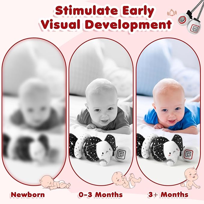 URMYWO Spiral Car Seat Toys for Babies 0-6 Months, Black and White Baby Toys, High Contrast Baby Toys for Newborn, Hanging Toy Fits Stroller, Shower Gift for Boys Girls