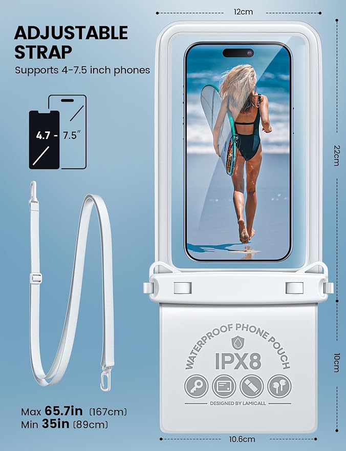 Lamicall Double Bag Waterproof Phone Pouch - IPX8 Waterproof Phone Case with Lanyard, Beach Vacation Cruise Ship Essentials for iPhone 16/14/13 Pro Max, Galaxy 25/24/23, 4-7.5" White