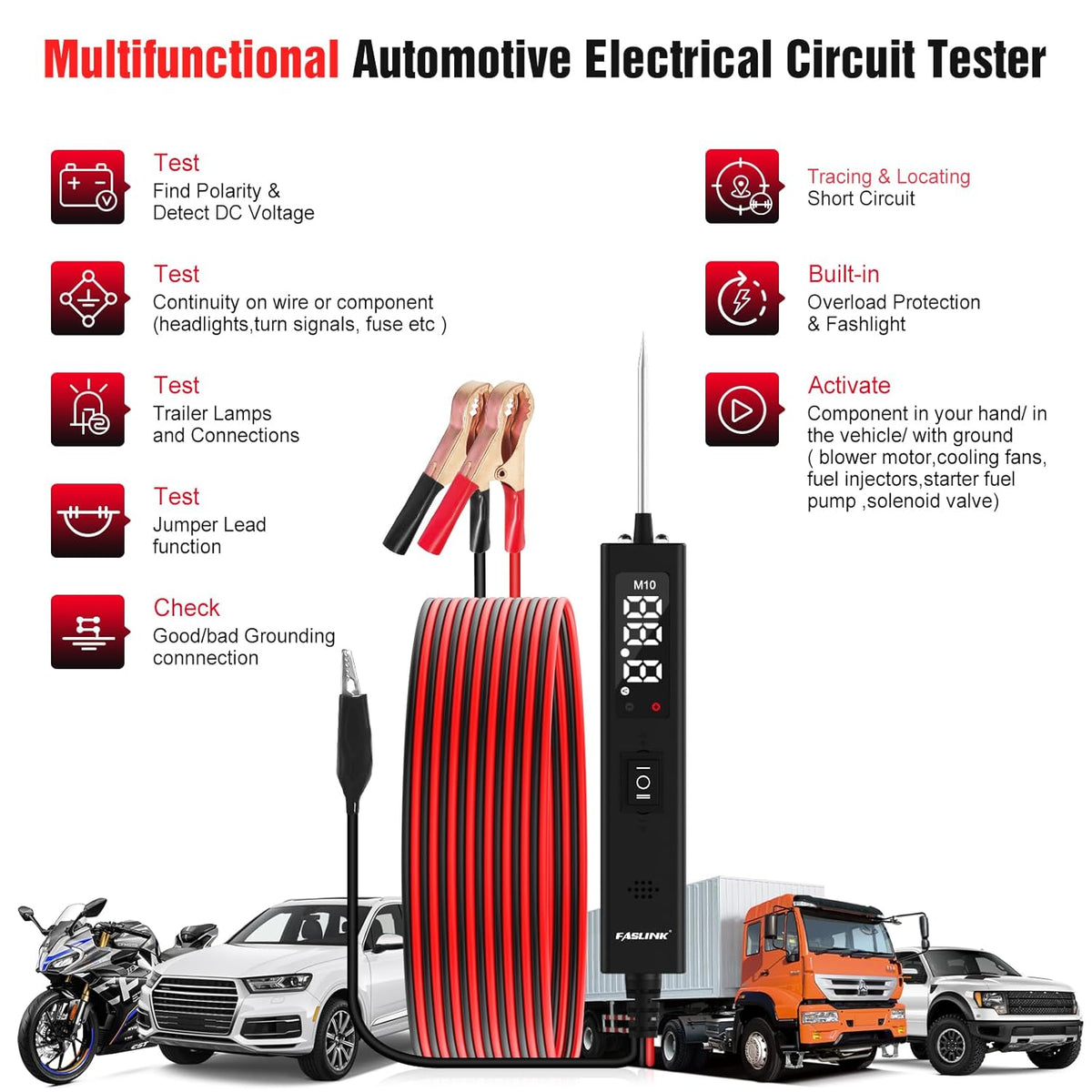 Car Circuit Tester, 12V & 24V DC Automotive Test Light, LED Power Circuit Probe Tester, Fuse Voltage Tester, Short Circuit Finder Component Activation Continuity Tester