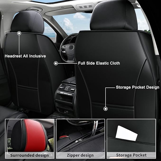 AOMSAZTO Front Seat Covers Fit for Volkswagen Taos 2022-2026 Waterproof Faux Leather Car Seat Cover Compatible with Airbag(2PCS Front, Black&Red)