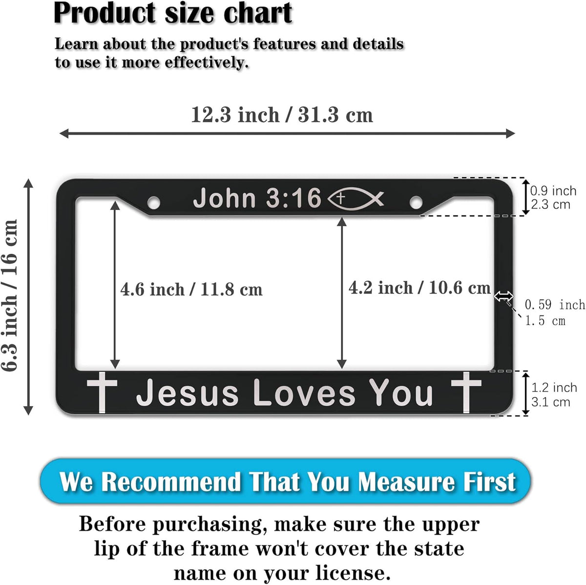 License Plate Cover Black and White License Plate Frames John 3:16 Jesus Loves You Universal Aluminum Car Accessory 2 Pack with Screw Covers Set