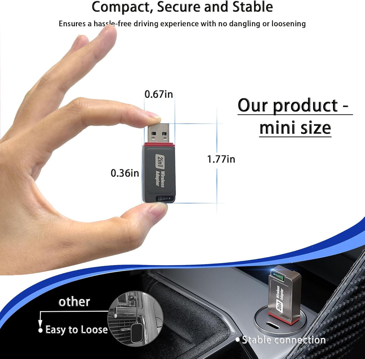 2-in-1 Wireless CarPlay Adapter for iPhone& Android, Convert Wired to Wireless Apple CarPlay Adapter, Mini Size with Extension Cable USB & USB-A/Type-C, Stable Control & No Delay