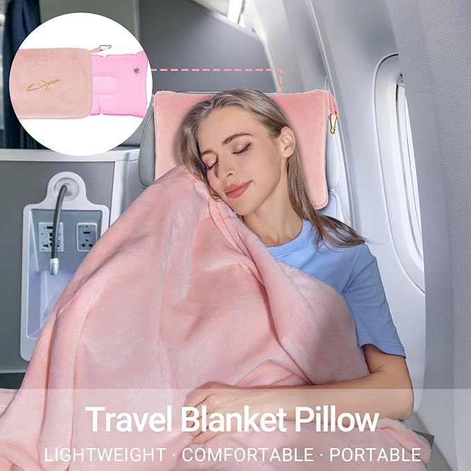Travel Blanket & Pillow Set, 300 GSM Soft Fleece, 60x43 Inches, 3-in-1 Airplane Blanket, Travel Pillow and Blanket Set, Travel Blanket Airplane Compact with Bag, Travel Essentials, Pink