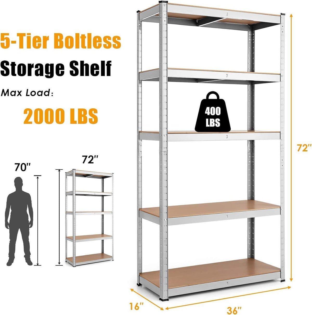 ERGOMASTER 5 Tiers Steel Shelves for Storage Heavy Duty Garage Organization Utility Shelf Rack for Books, Kitchenware, Tools Bolt-Free Assembly 72 x 16 x 72 inches (2PCS,Silver)