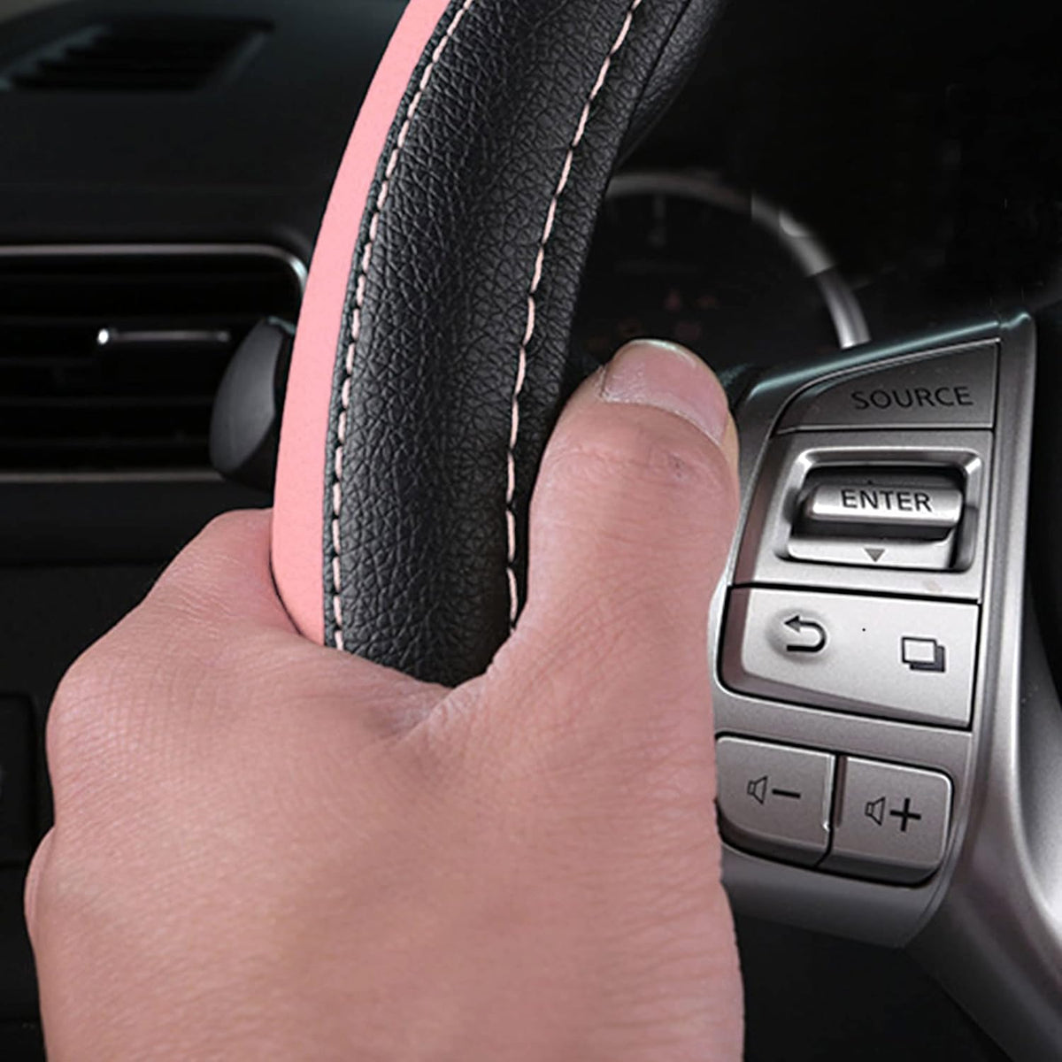 Leather Car Steering Wheel Cover, Non-Slip Car Wheel Cover Protector Breathable Microfiber Leather Universal Fit for Most Cars(Pink)