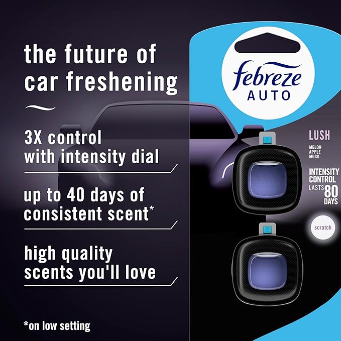 Febreze AUTO Air Freshener, Odor-Fighting Automotive Vent Clip, Lush Scent, 8 Count
