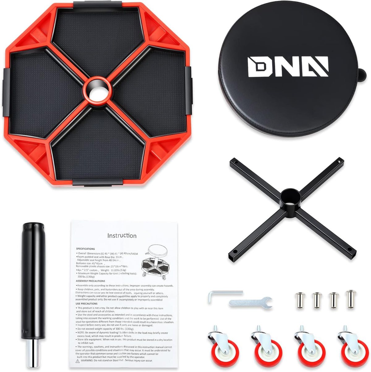 DNA MOTORING TOOLS-00253 Adjustable Height Pneumatic Garage Seat Rolling Mechanic Stool with Tool Tray Storage,300lbs Max Weight Capacity