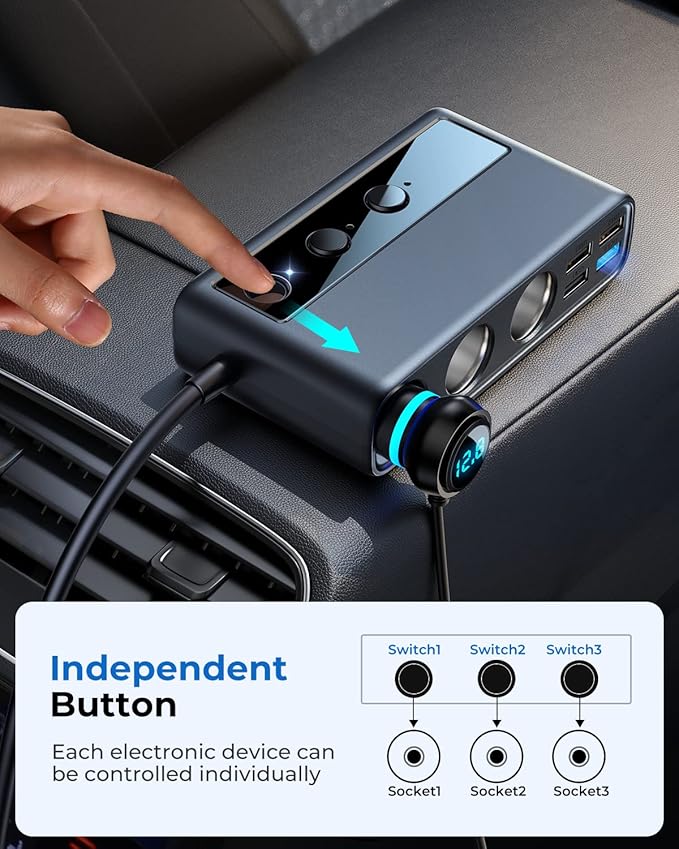9 in 1 Cigarette Lighter Splitter, JOYROOM 210W Cigarette Lighter Adapter with PD/QC 3.0 * 2 Charge(3.3FT Cable), 12V/24V Independent Switches DC Cigarette Outlet Car Charger for All Car Devices
