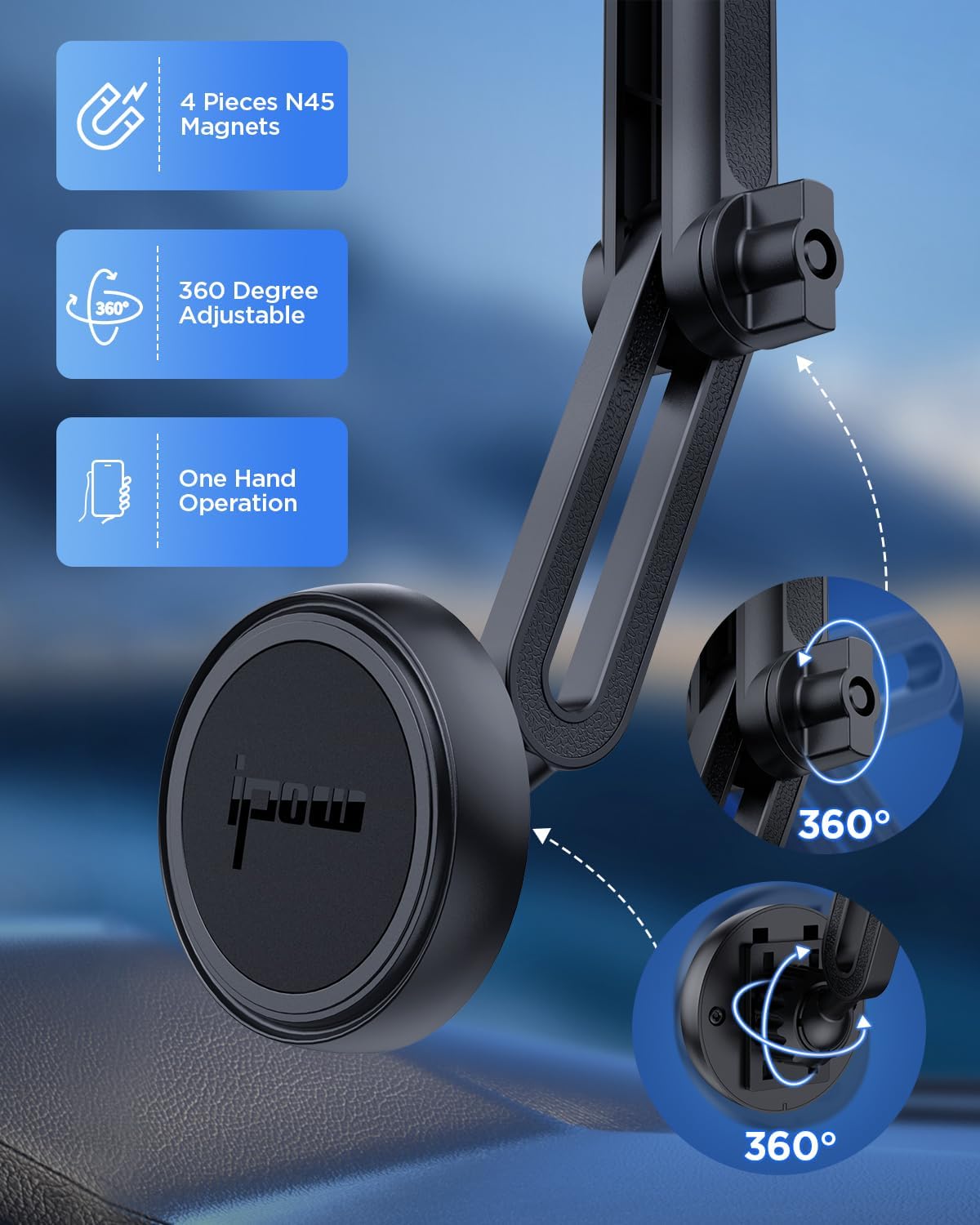 IPOW Magnetic Car Mount - Dashboard & Windshield Phone Holder for iPhone 14/13/12 Series, Tap & Secure Mount, Black