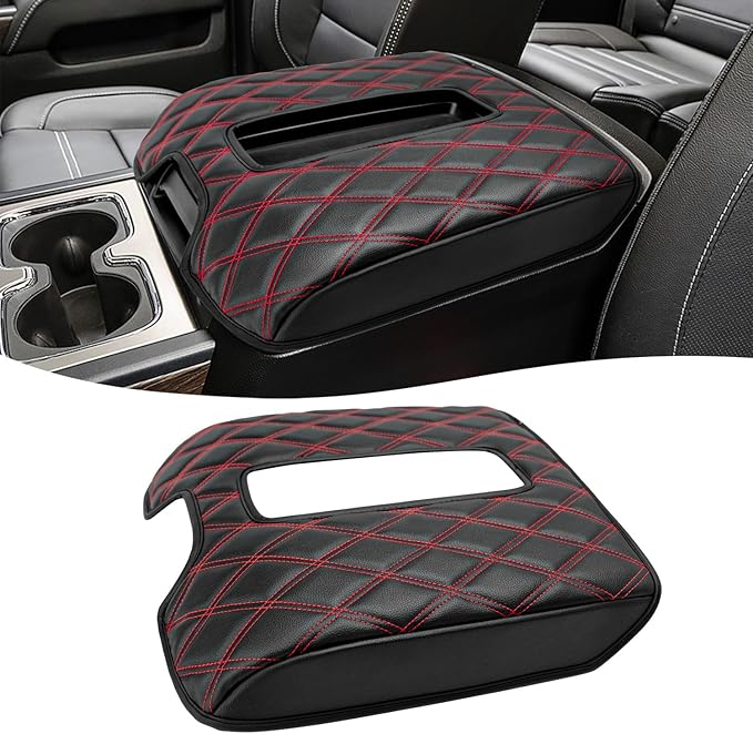 KBH Center Console Armrest Cover for Chevy Silverado & GMC Sierra 1500 2500 3500 2014-2018, Tahoe Suburban Yukon 2015-2020, Bucket Seat Console, Vinyl Leather, Black-Red Double Stitch