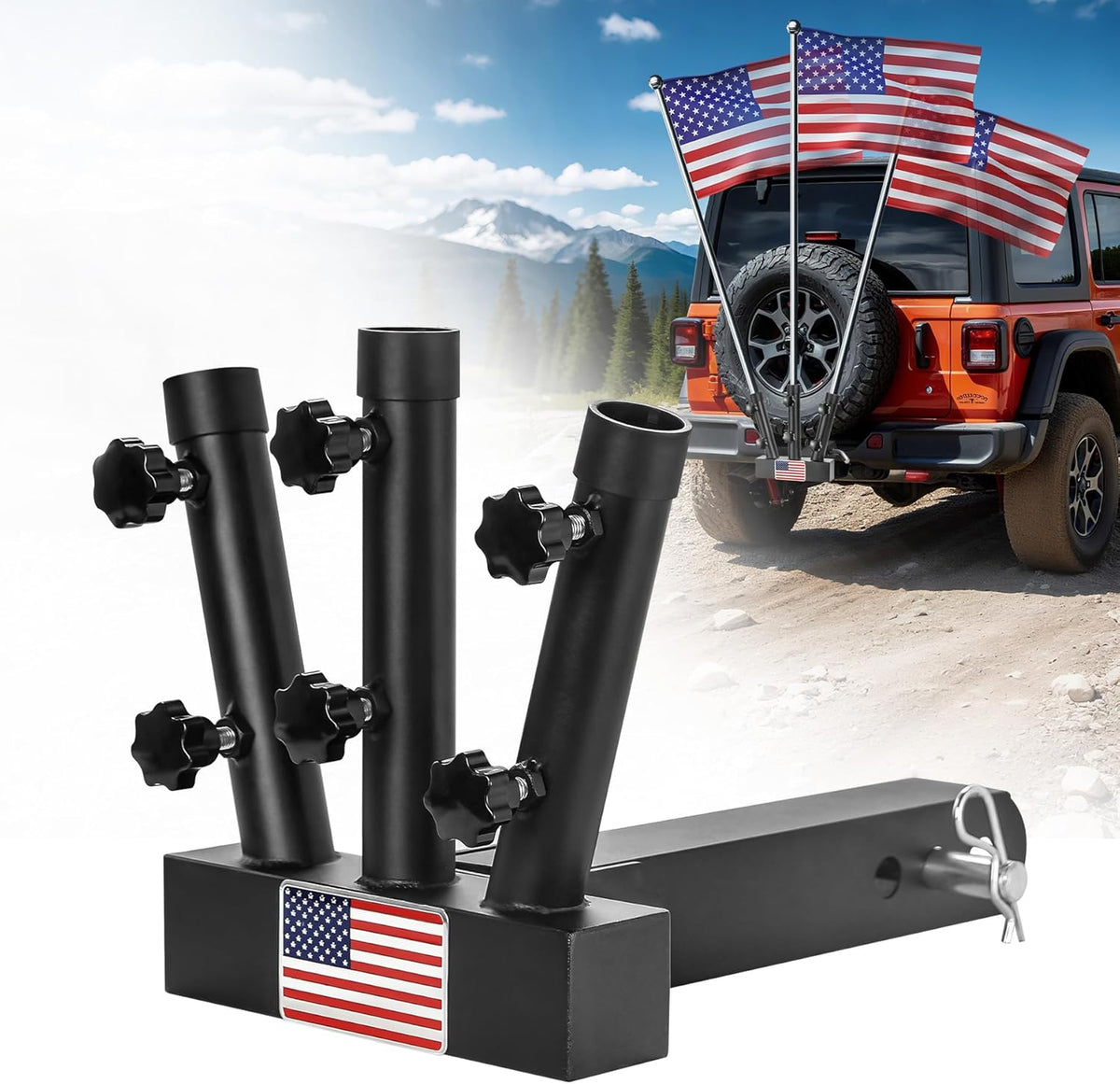 Heavy Duty Three Hitch Flag Holder, Trailer Hitch Flag Pole Holder, Fits 2" Trailer Receivers, Universal Hitch Flag Pole Holder Kit with Cars, Trucks, SUV, Pickups, Campers & Trailers